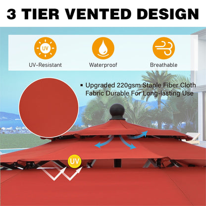Parasol d'extérieur MAISON ARTS de 3 m (10 pi) à 3 niveaux, compatible avec la plupart des tables de patio, avec ventilation, inclinaison automatique et manivelle.