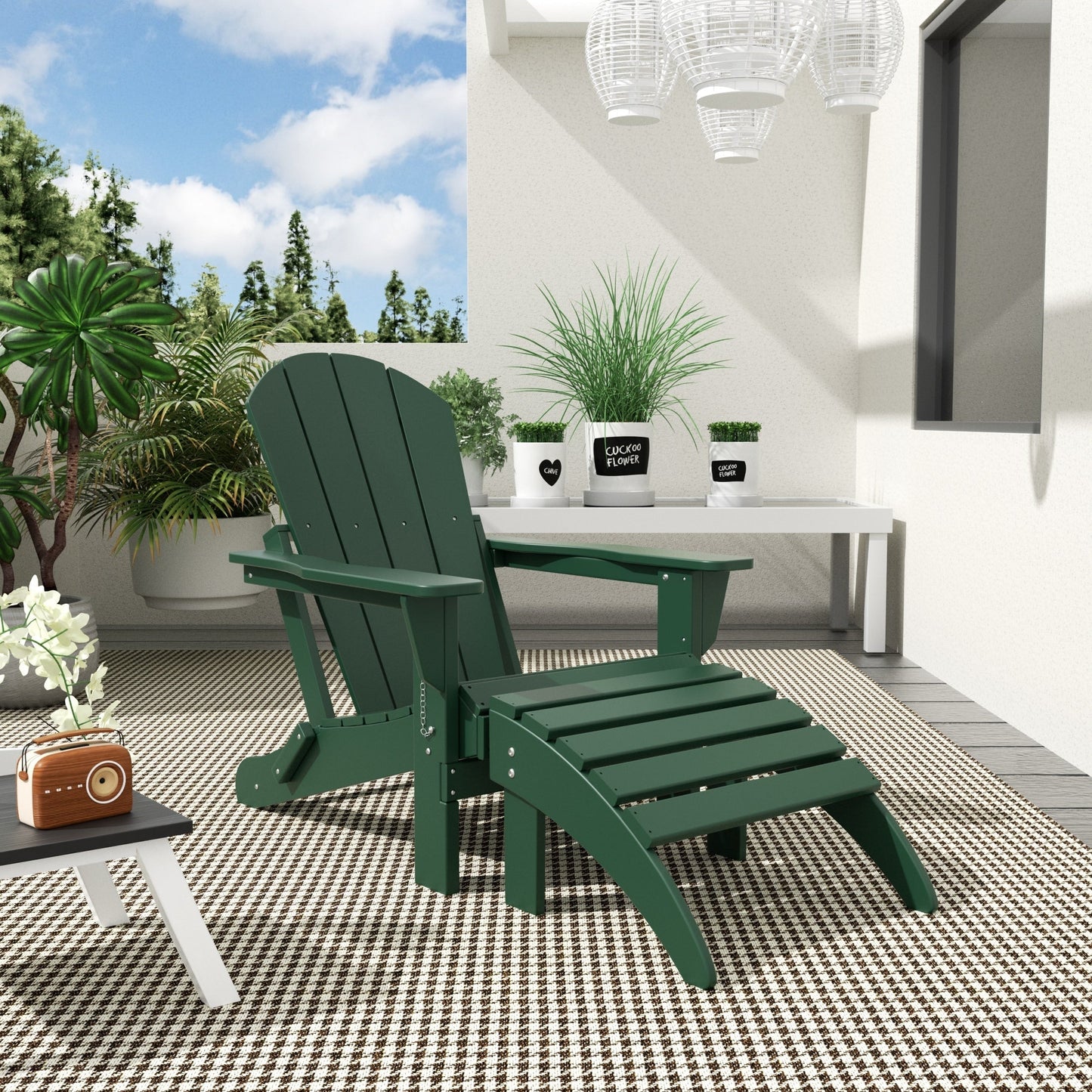 Chaise Adirondack pliable Polytrends Laguna en PEHD pour terrasse extérieure toutes saisons avec pouf (ensemble 2 pièces)