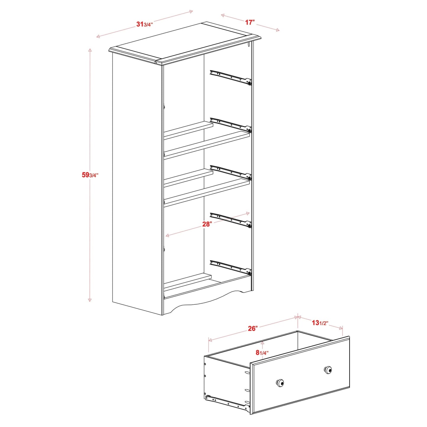 Commode 5 tiroirs géants 100 % bois massif de Palace Imports avec serrure, boutons en métal ou en bois