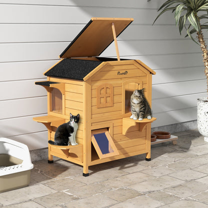 Maison pour chat d'extérieur PawHut en bois de sapin à deux étages, abri pour chats sauvages en bois avec toit en asphalte ouvrable pour intérieur/extérieur, blanc/gris
