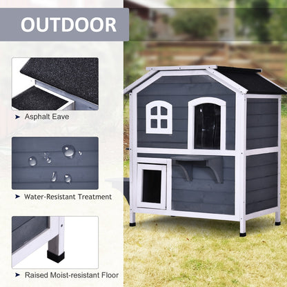 Maison pour chat d'extérieur PawHut en bois de sapin à deux étages, abri pour chats sauvages en bois avec toit en asphalte ouvrable pour intérieur/extérieur, blanc/gris