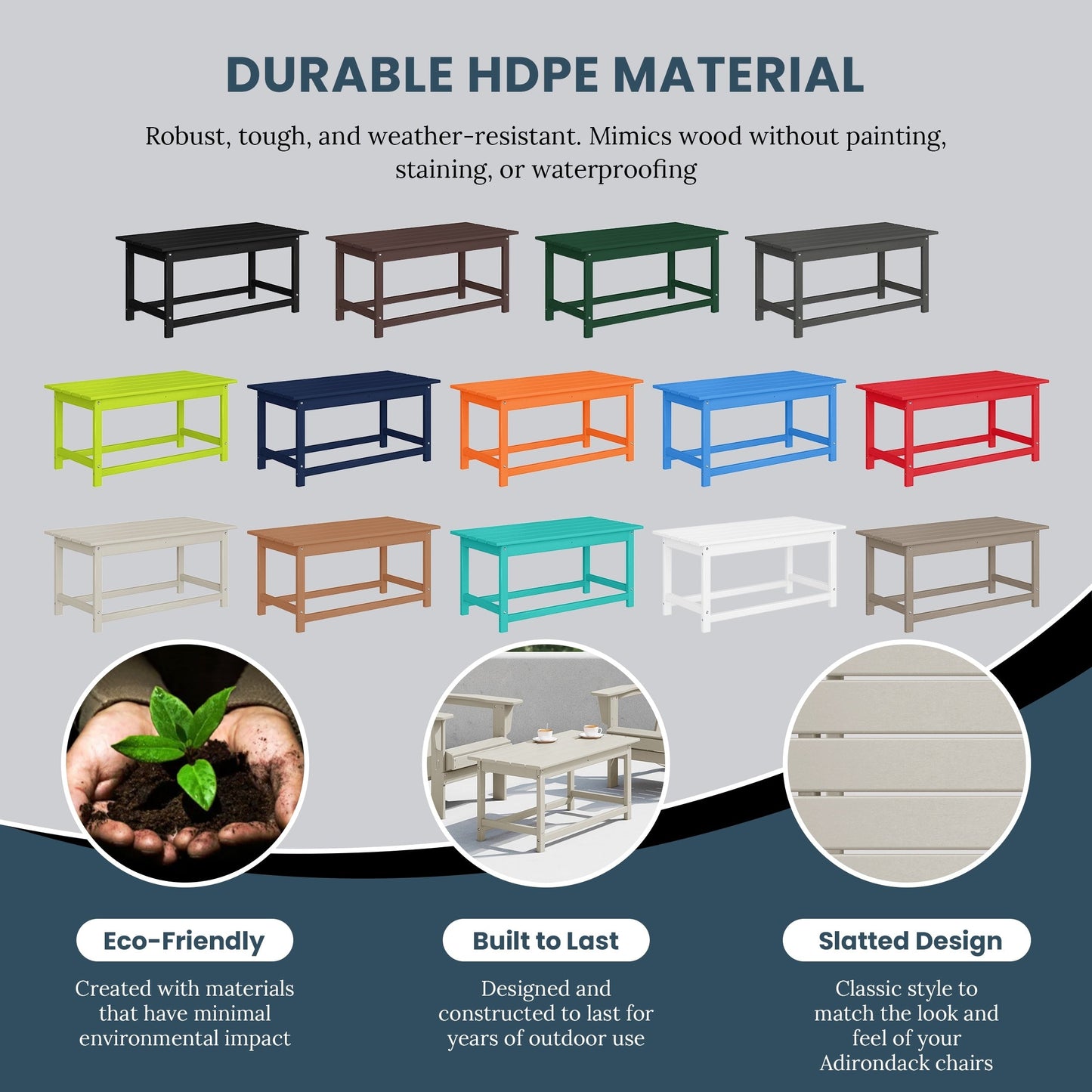 Table basse rectangulaire d'extérieur Polytrends Laguna en PEHD, résistante aux intempéries