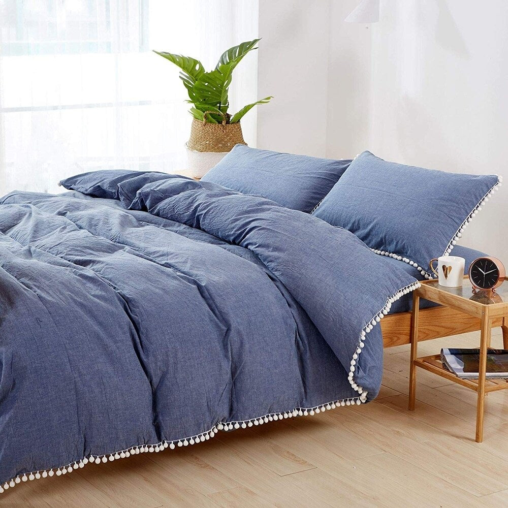 Ensemble de housse de couette réversible en coton à pompons