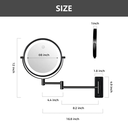 Miroir de maquillage mural rond de 8 pouces pour salle de bain, rechargeable, grossissement 1x/10x, 3 couleurs d'éclairage