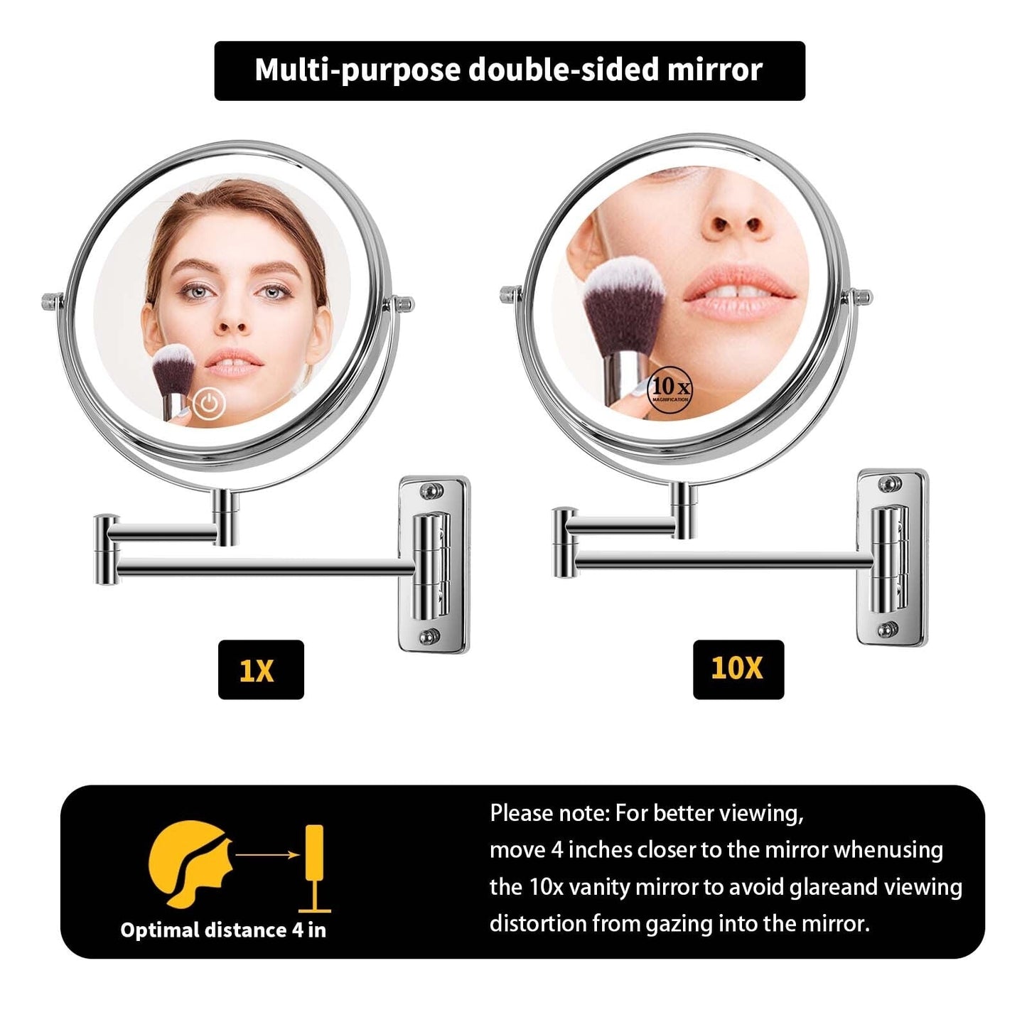 Miroir de maquillage mural rond de 8 pouces pour salle de bain, rechargeable, grossissement 1x/10x, 3 couleurs d'éclairage