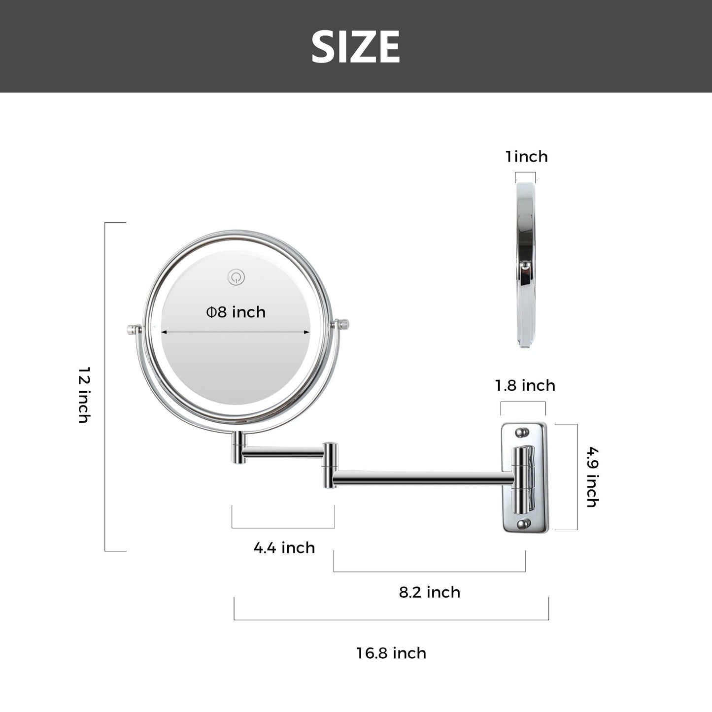 Miroir de maquillage mural rond de 8 pouces pour salle de bain, rechargeable, grossissement 1x/10x, 3 couleurs d'éclairage