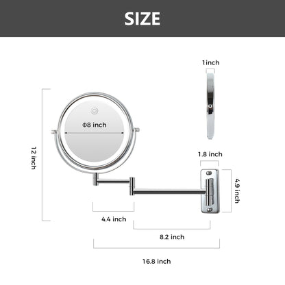 Miroir de maquillage mural rond de 8 pouces pour salle de bain, rechargeable, grossissement 1x/10x, 3 couleurs d'éclairage