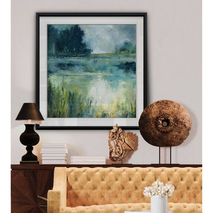 Reflets Edge - Impression encadrée sur mesure - bleu, blanc, gris, jaune, vert, argent, or