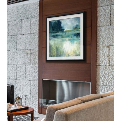 Reflets Edge - Impression encadrée sur mesure - bleu, blanc, gris, jaune, vert, argent, or