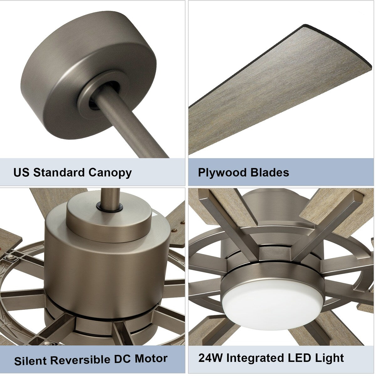 Ventilateur de plafond télécommandé avec lumières, grandes 8 pales en bois