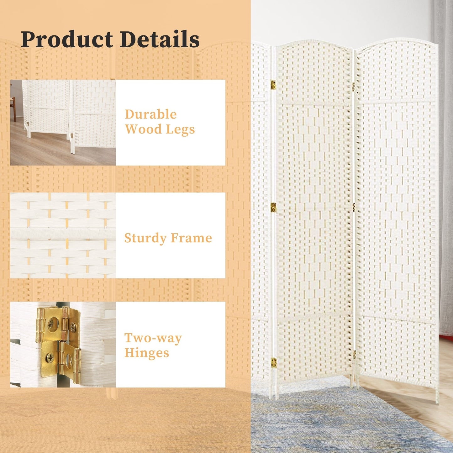 Paravent de séparation de pièce de 6 pieds de haut en fibre tissée, écran de confidentialité autoportant, écran pliant