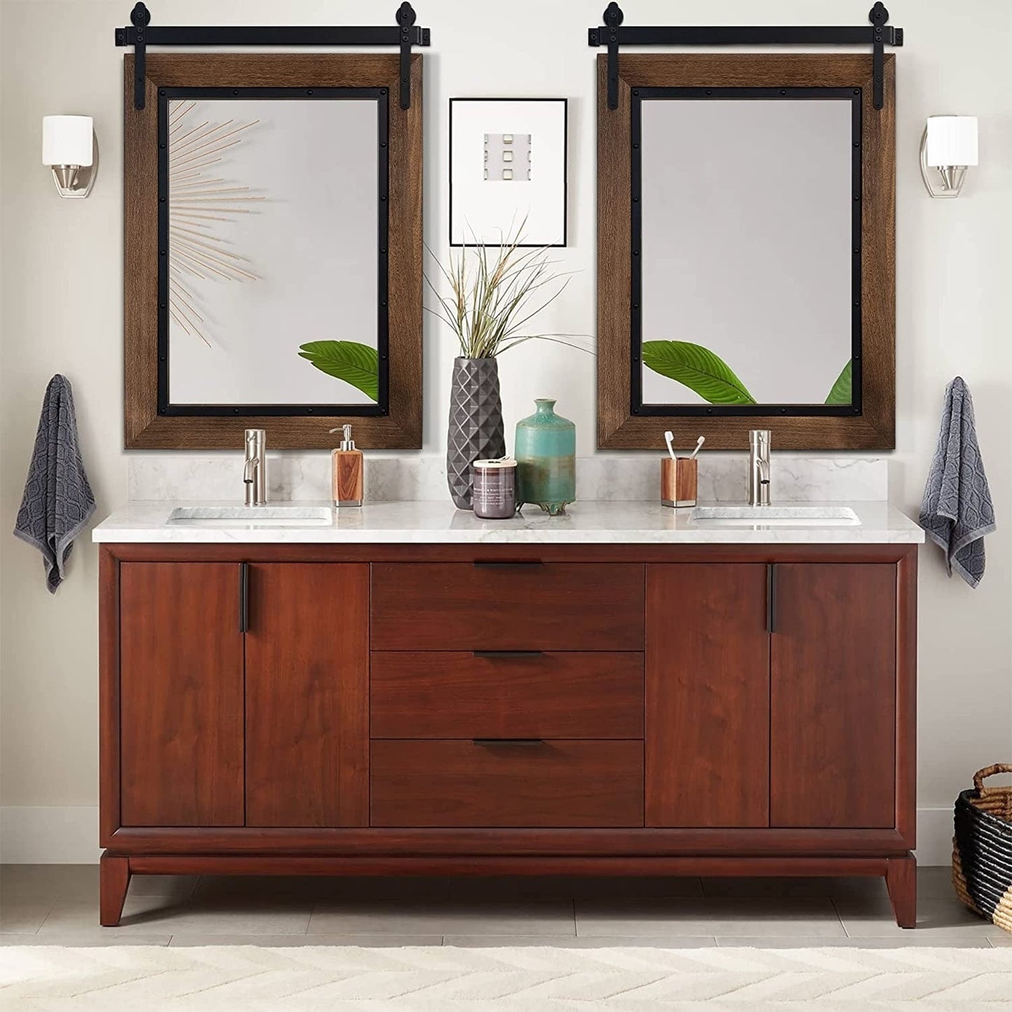 Miroir mural de salle de bain en bois naturel style porte de grange