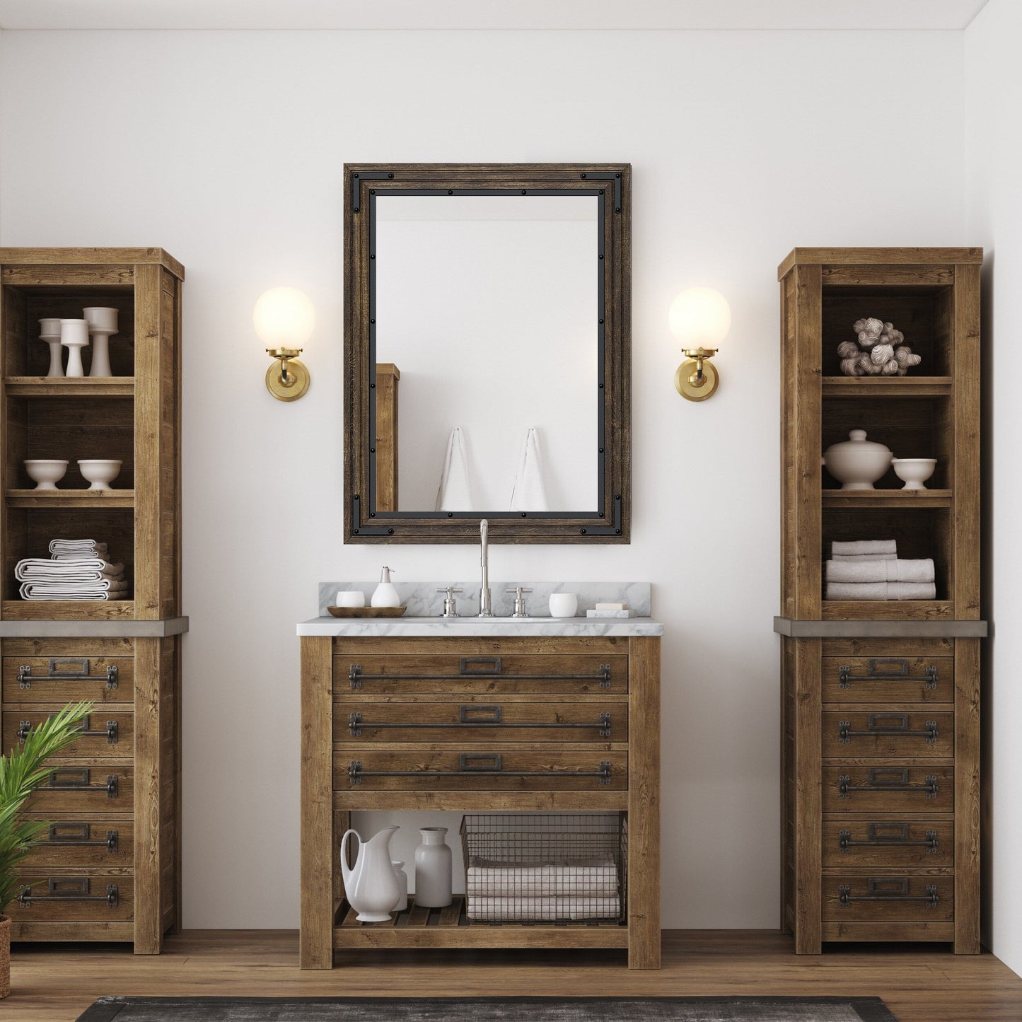 Miroir mural rustique à cadre en bois, miroir de salle de bain en bois naturel