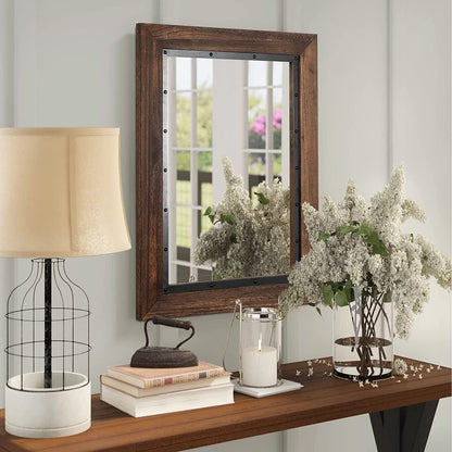 Miroir de salle de bain mural rustique avec cadre en bois et fer forgé