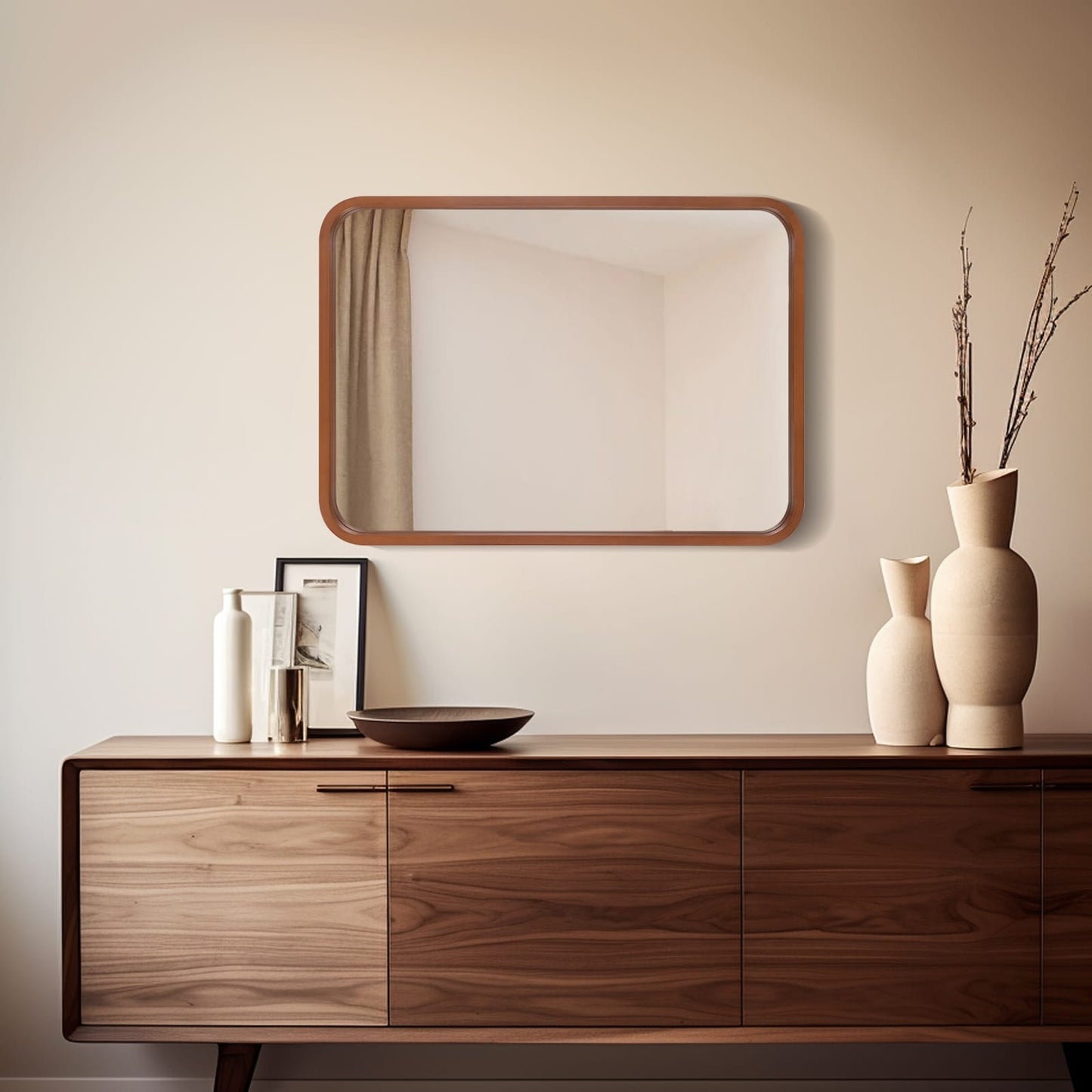 Miroir mural rectangulaire à coins arrondis de style ferme avec cadre en bois massif