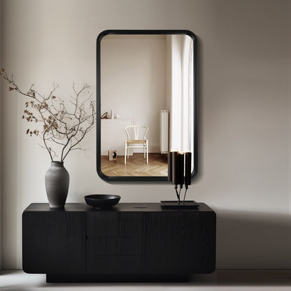 Miroir mural rectangulaire à coins arrondis de style ferme avec cadre en bois massif