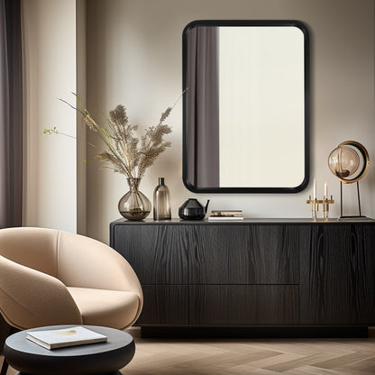 Miroir mural rectangulaire à coins arrondis de style ferme avec cadre en bois massif