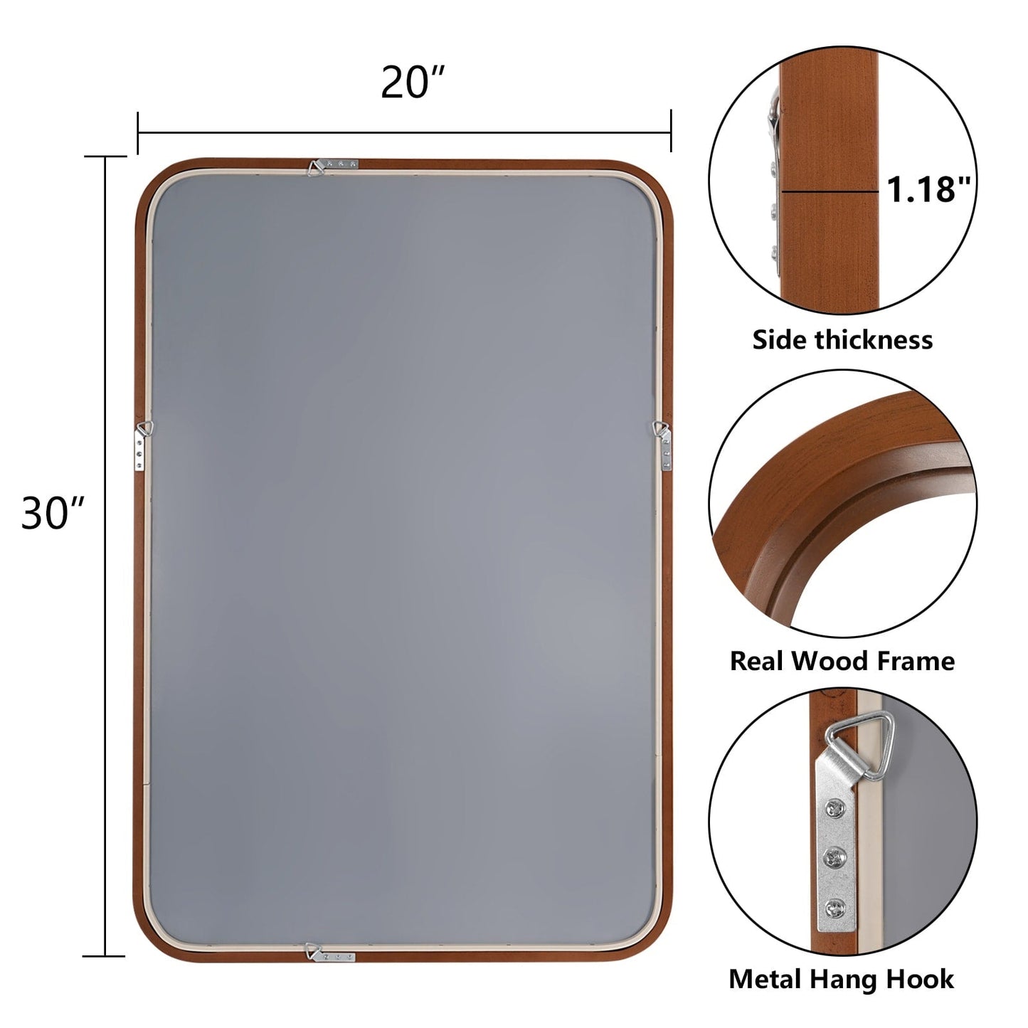 Miroir mural rectangulaire à coins arrondis de style ferme avec cadre en bois massif
