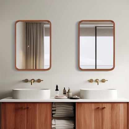 Miroir mural rectangulaire à coins arrondis de style ferme avec cadre en bois massif