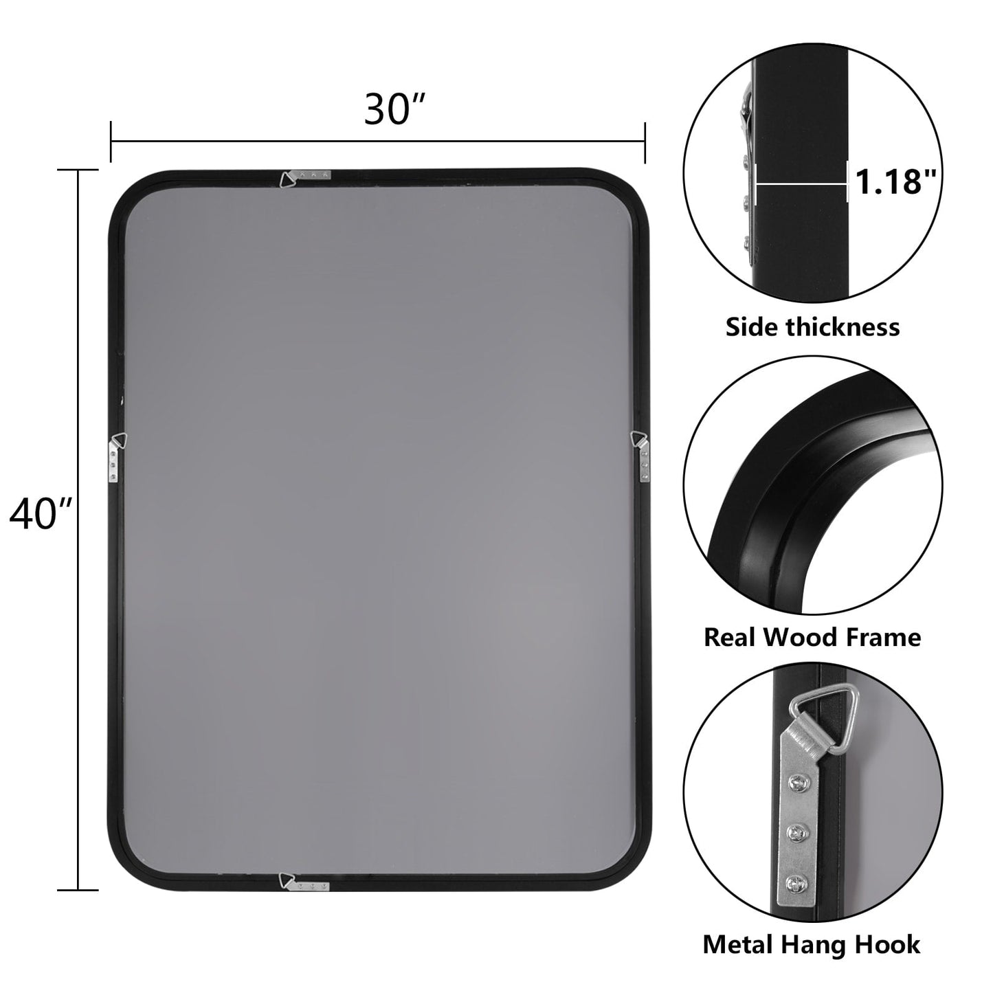 Miroir mural rectangulaire à coins arrondis de style ferme avec cadre en bois massif