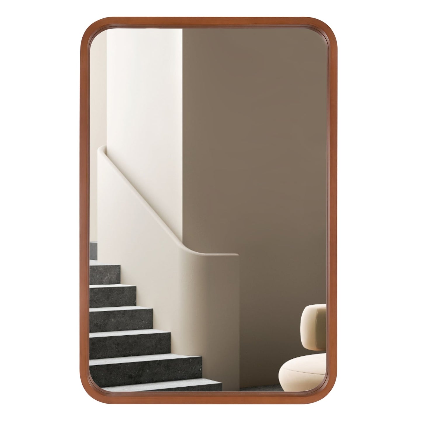 Miroir mural rectangulaire à coins arrondis de style ferme avec cadre en bois massif