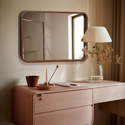 Miroir mural rectangulaire à coins arrondis de style ferme avec cadre en bois massif