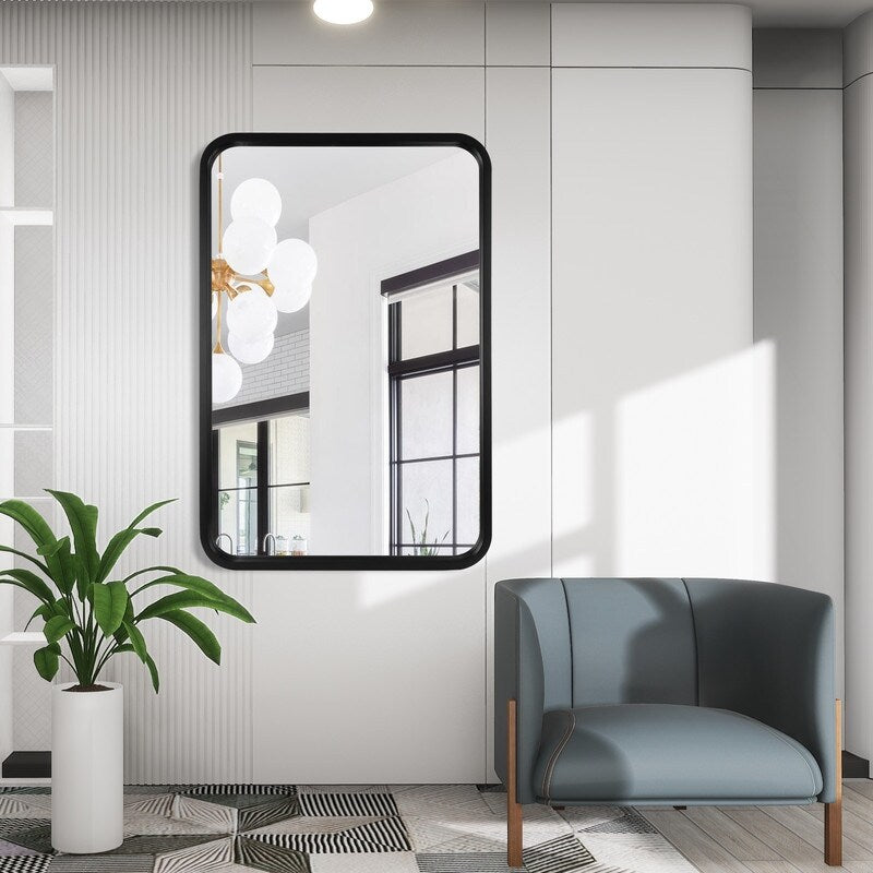 Miroir mural rectangulaire à coins arrondis de style ferme avec cadre en bois massif