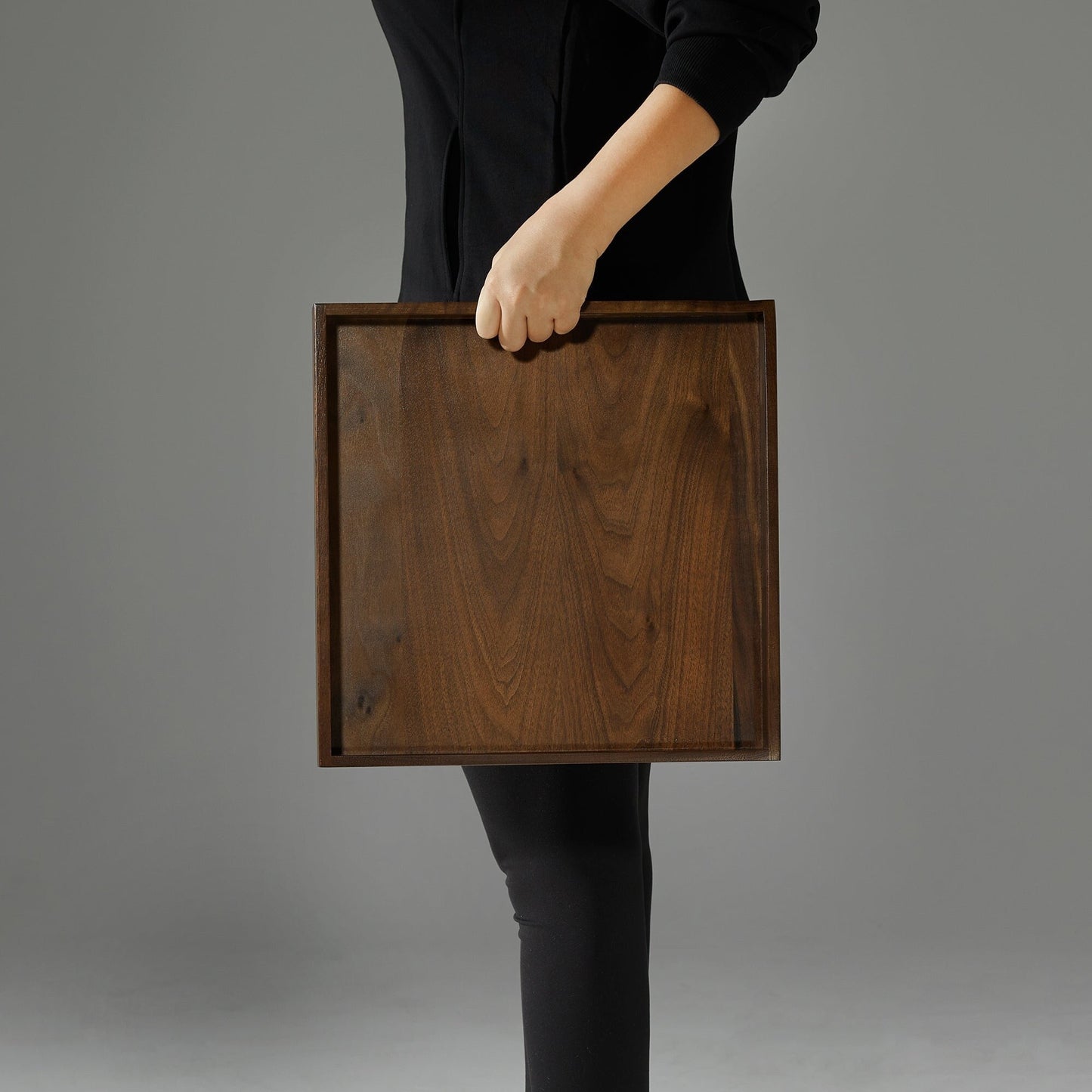 Plateau de service carré KINWELL en bois de noyer noir, style ottoman, avec poignées