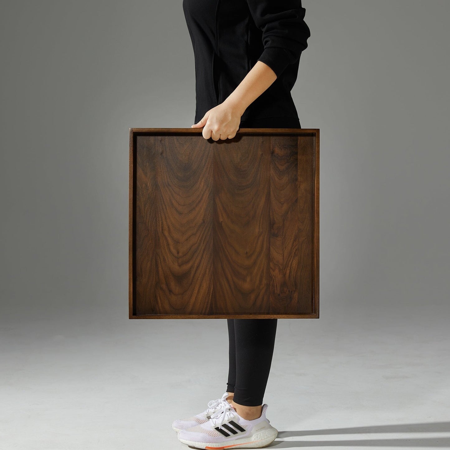 Plateau de service carré KINWELL en bois de noyer noir, style ottoman, avec poignées