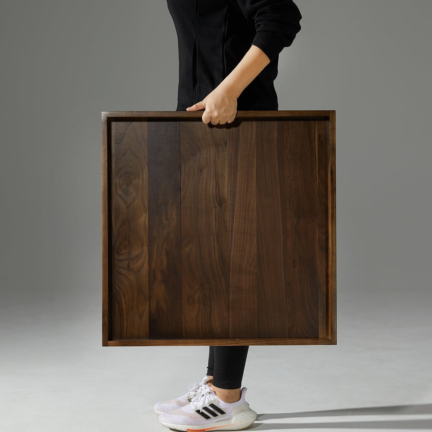 Plateau de service carré KINWELL en bois de noyer noir, style ottoman, avec poignées