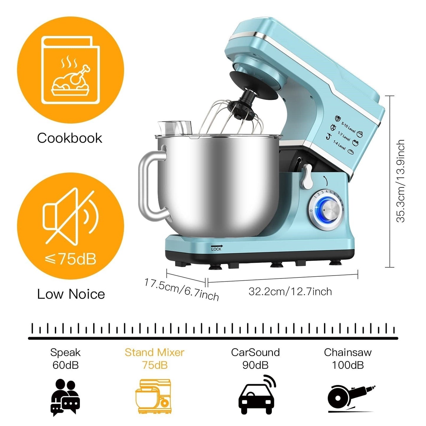 Robot pâtissier - Capacité de 7,5 L, 10 vitesses, moteur de 660 W