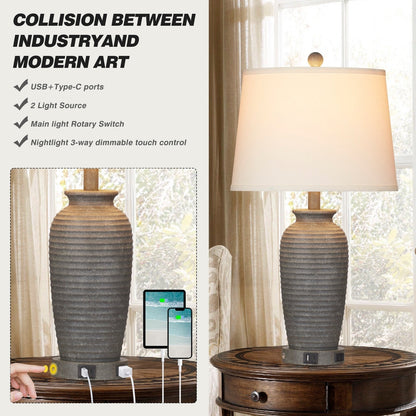 Lampes de table en résine grise avec interrupteur tactile à 3 niveaux, port de chargement USB et prise secteur (lot de 2)
