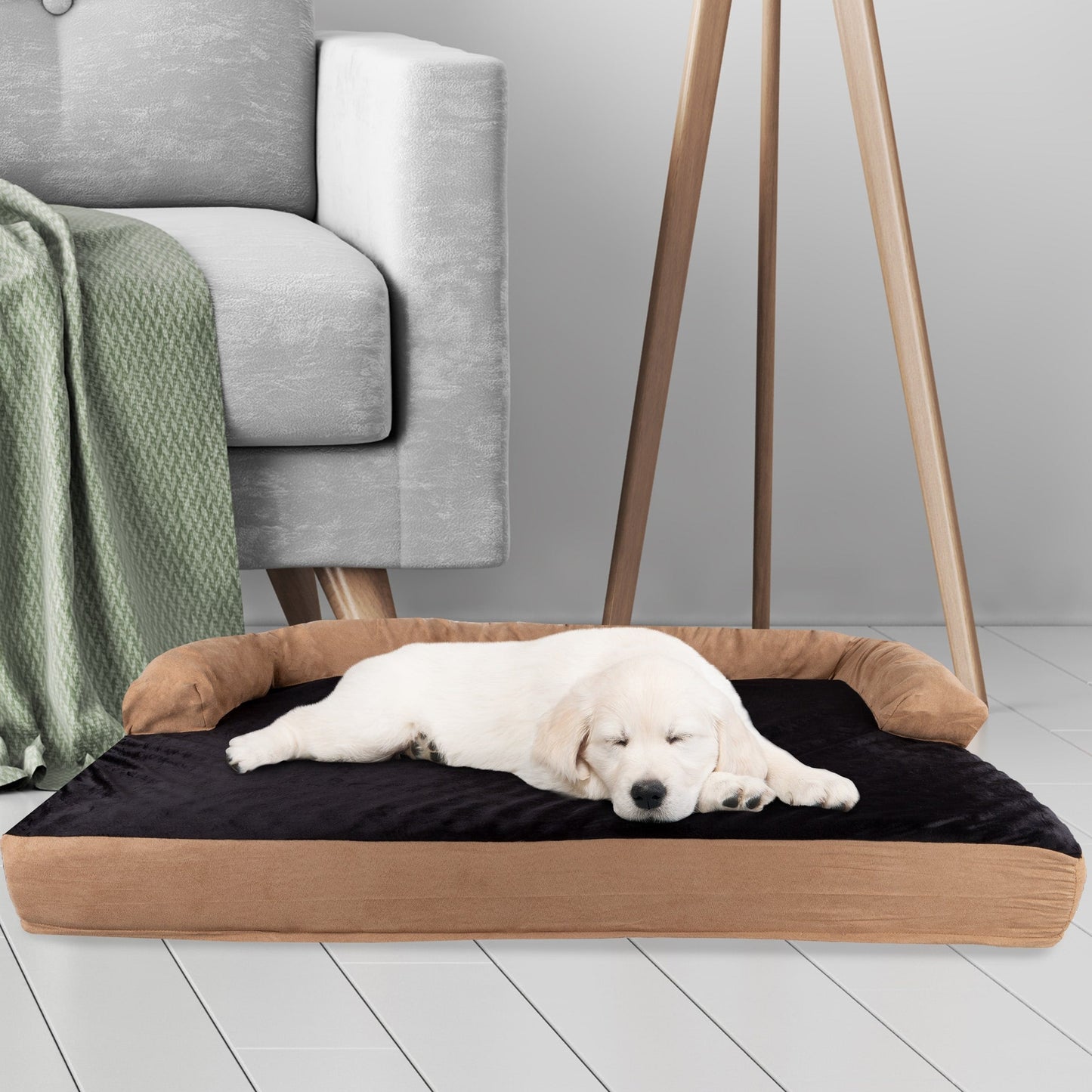 Coussin pour animaux de compagnie beige/noir - Canapé orthopédique 3 couches pour chien avec gel rafraîchissant, mousse à mémoire de forme et coussin cervical