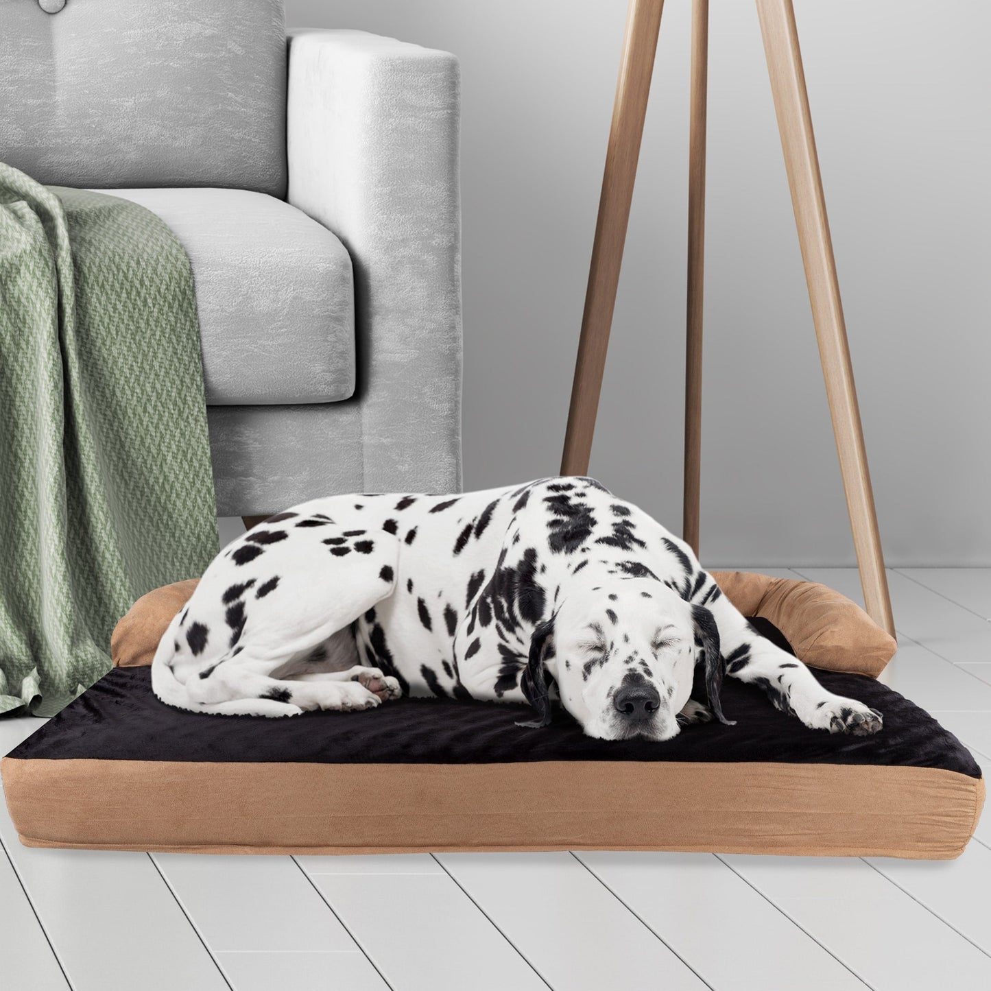 Coussin pour animaux de compagnie beige/noir - Canapé orthopédique 3 couches pour chien avec gel rafraîchissant, mousse à mémoire de forme et coussin cervical