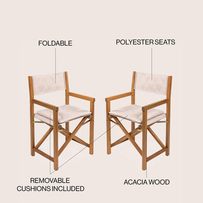 Chaise de réalisateur d'extérieur classique Theo, style milieu de siècle, pliable, en bois d'acacia, avec dossier matelassé en losanges et coussin (lot de 2) par JONATHAN Y