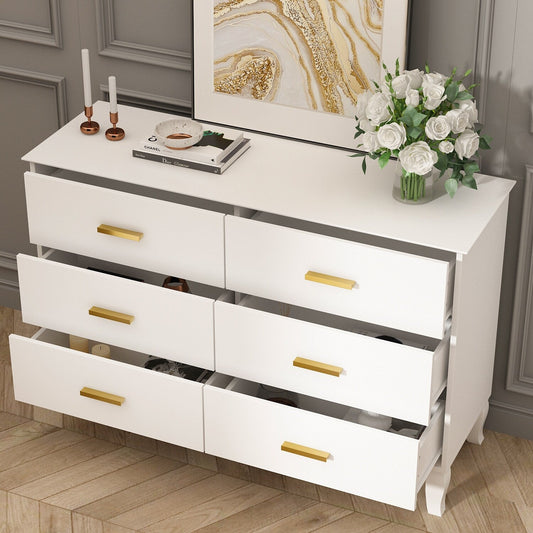 Commode double Timechee à 6 tiroirs, 47,2 po de largeur, pieds en bois massif, coffre laqué