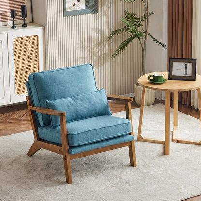 Fauteuil d'appoint rembourré en lin mélangé avec pieds en bois et un coussin beige