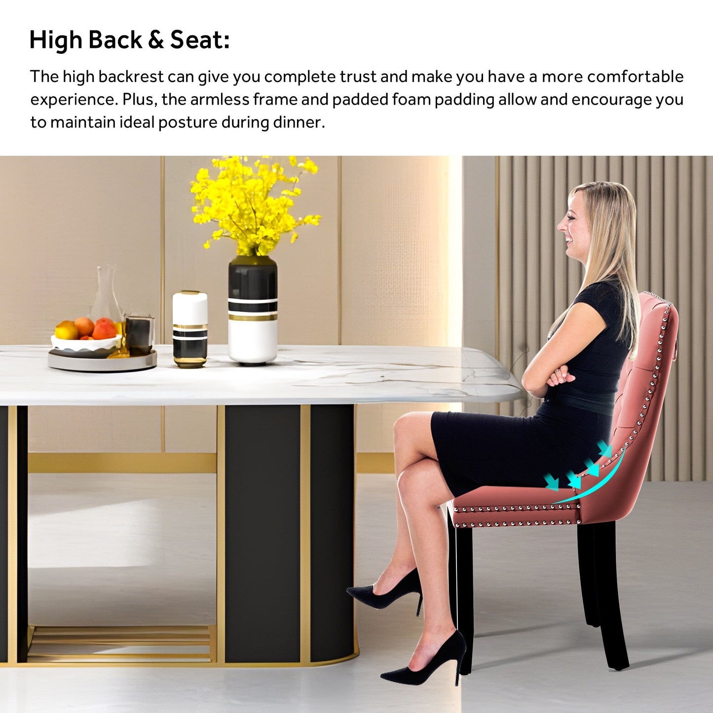 Chaise de salle à manger capitonnée en velours avec pieds en bois massif, lot de 6