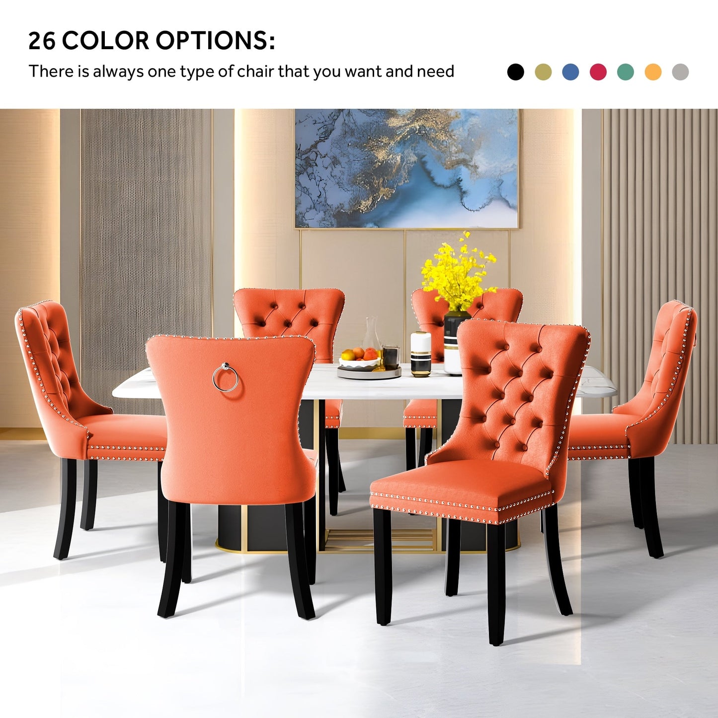 Chaise de salle à manger capitonnée en velours avec pieds en bois massif, lot de 6