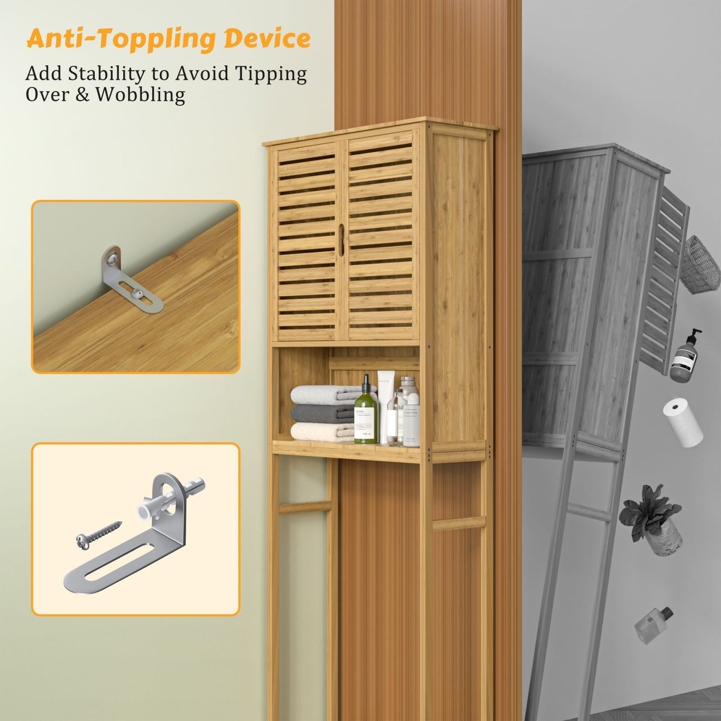 Meuble de rangement VEIKOUS en bambou à placer au-dessus des toilettes, avec étagère réglable et double porte.