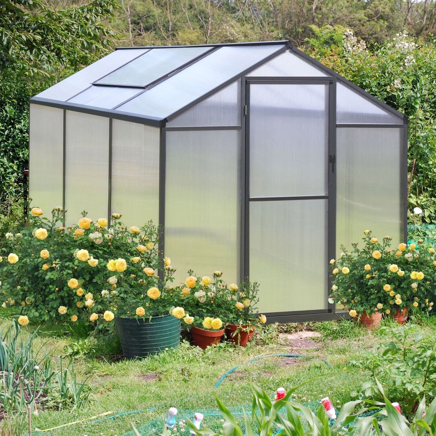 Serre de jardin en aluminium VEIKOUS avec ventilation de toit réglable et porte verrouillable, gris