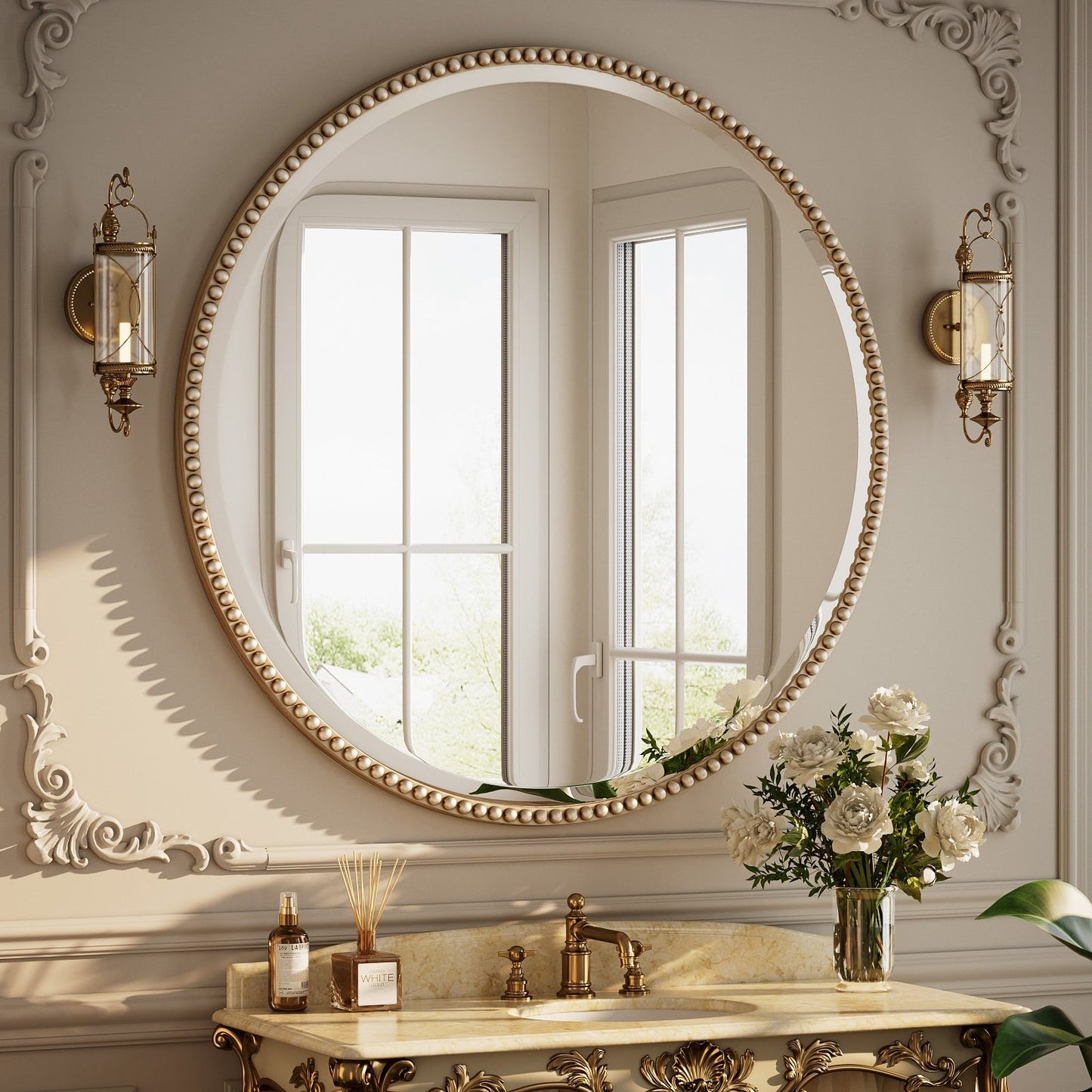 Miroir de salle de bain rond vintage avec cadre perlé