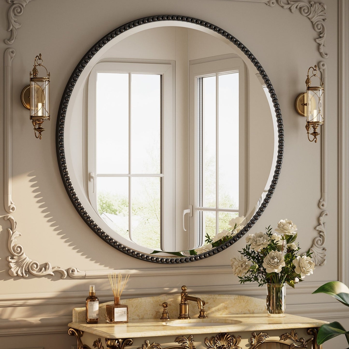 Miroir de salle de bain rond vintage avec cadre perlé