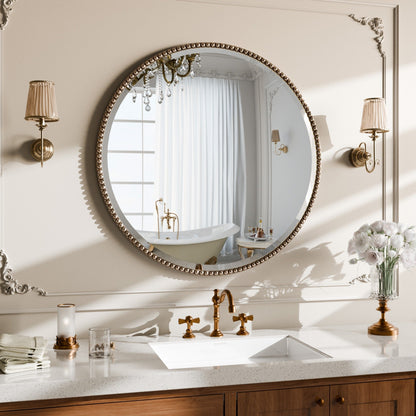 Miroir de salle de bain rond vintage avec cadre perlé