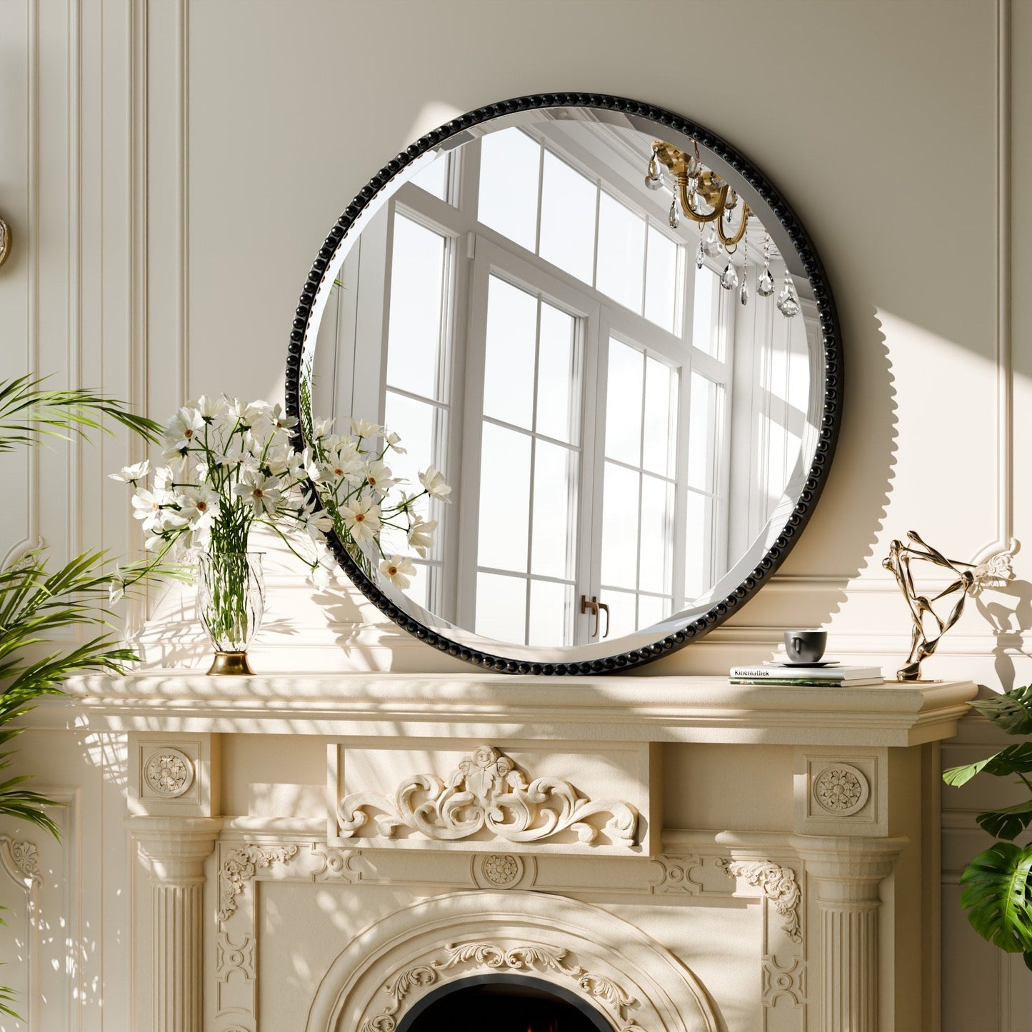 Miroir de salle de bain rond vintage avec cadre perlé