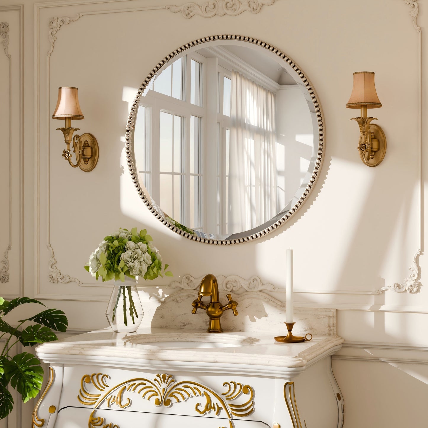 Miroir de salle de bain rond vintage avec cadre perlé