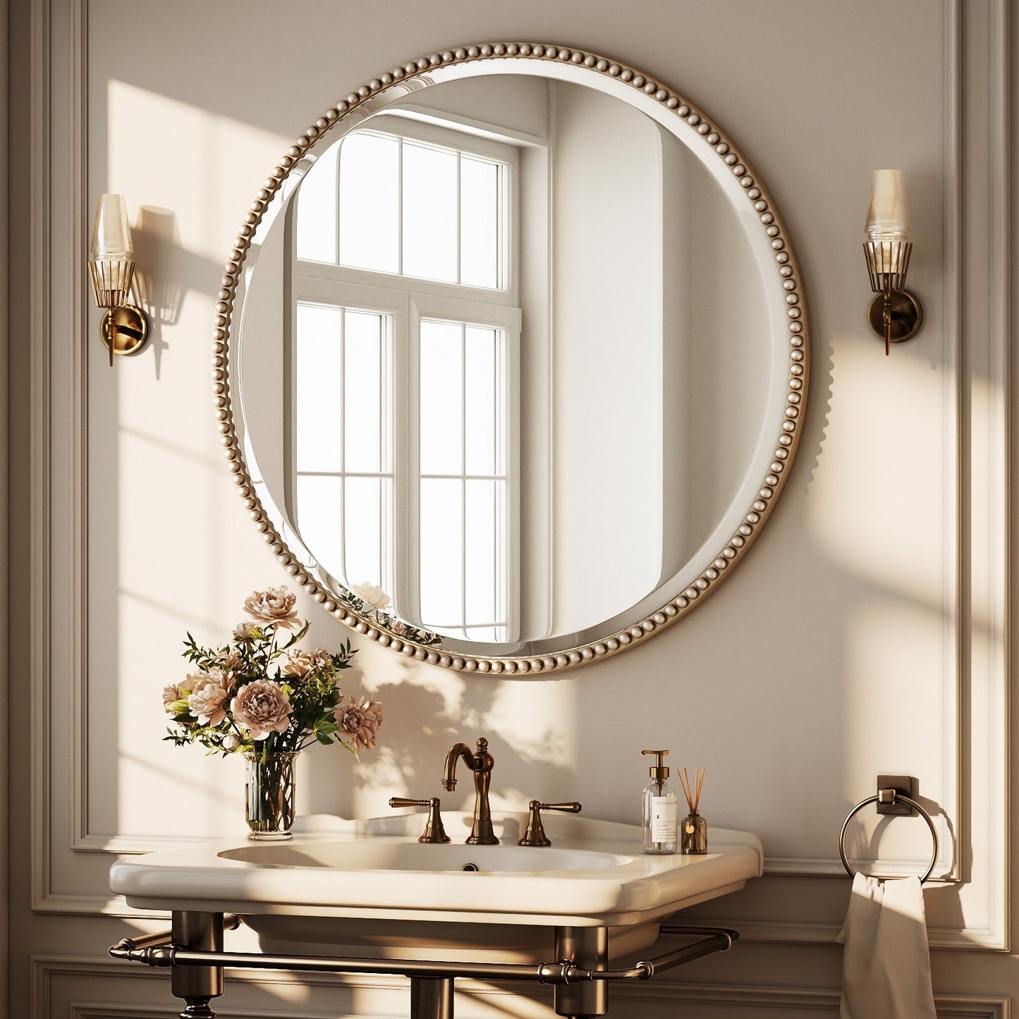Miroir de salle de bain rond vintage avec cadre perlé