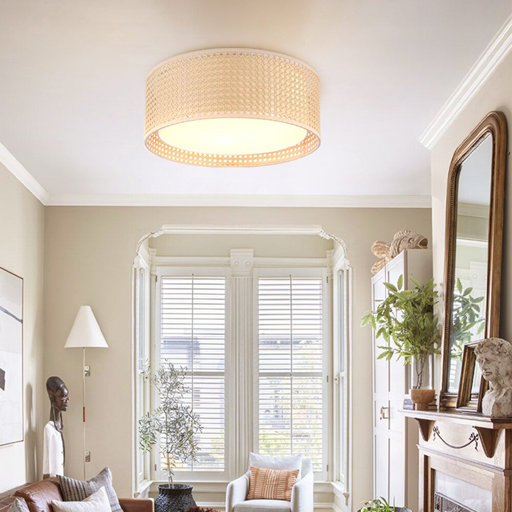 Plafonnier moderne WINGBO à 3 lumières avec abat-jour double tambour en rotin et tissu