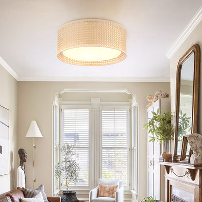 Plafonnier moderne WINGBO à 3 lumières avec abat-jour double tambour en rotin et tissu