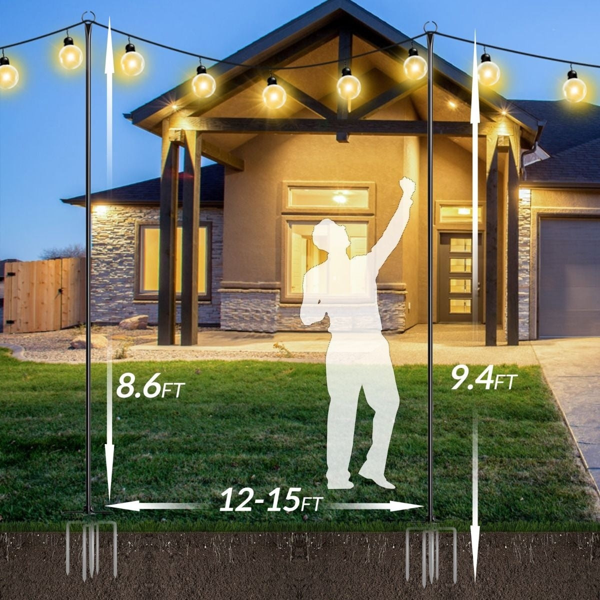 Poteaux lumineux WaLensee de 2,86 m avec crochet pour suspendre les guirlandes lumineuses pour une fête de jardin, une terrasse, Noël ou un mariage.